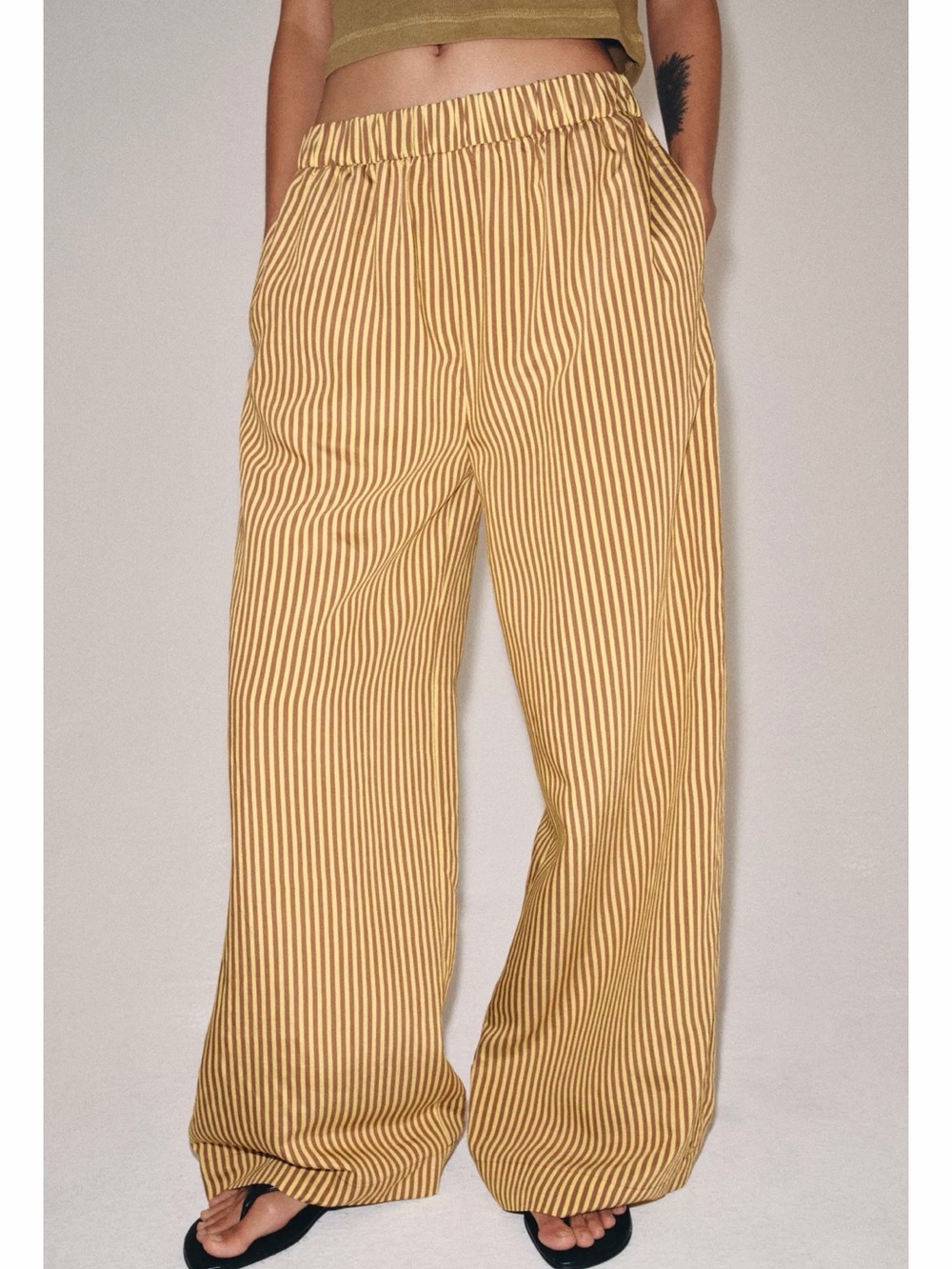 Zara Like New ZW Collection Striped Wide Leg Pants Yellow Brown Size Medium - Picture 2 of 4